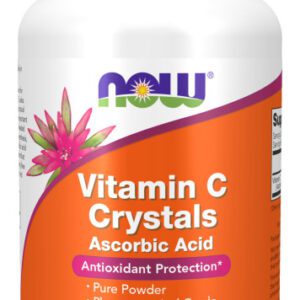 A bottle of vitamin c crystals is shown.