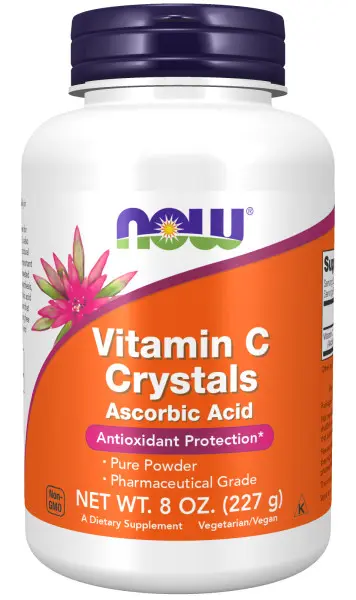 A bottle of vitamin c crystals is shown.