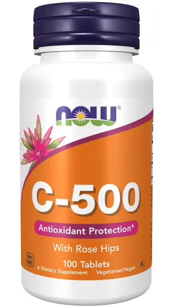 A bottle of vitamin c-5 0 0 is shown.