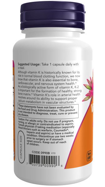 A bottle of vitamin k supplement with information on the back.