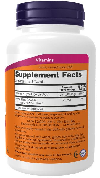 A bottle of vitamin c pills with the label for supplement facts.