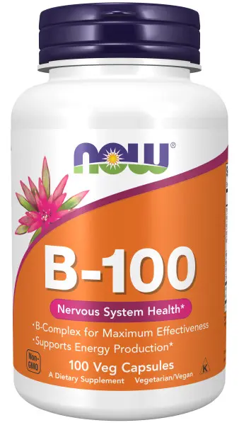 A bottle of vitamin b-1 0 0 is shown.