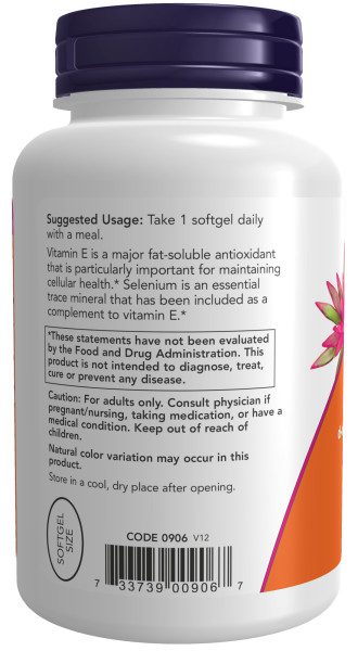 A bottle of vitamin e is shown with information.