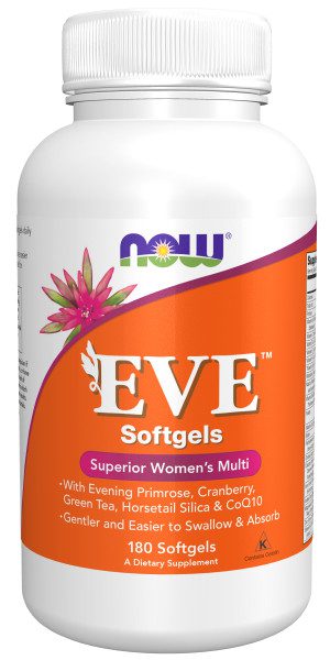 A bottle of eve softgels is shown.
