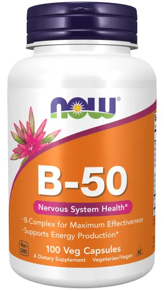 A bottle of vitamin b-5 0 is shown.