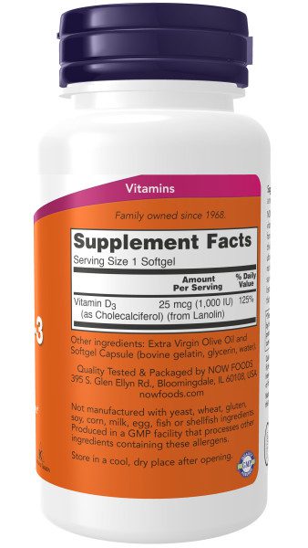 A bottle of vitamin d 3 supplement facts.