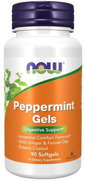 A bottle of now peppermint gels