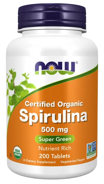 A bottle of spirulina is shown.