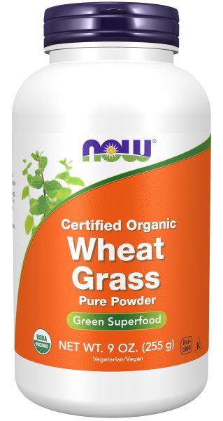 A bottle of organic wheat grass powder.